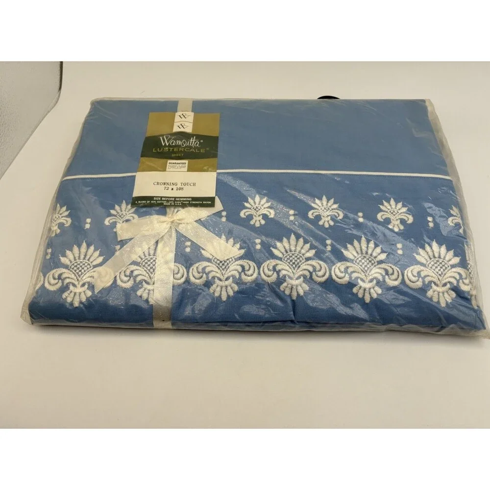 Vintage Wamsutta Lustercale Crowning Touch Blue Embroidered Twin Flat Sheet New
